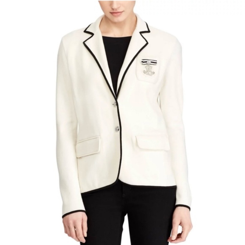 Ralph Lauren Women's Cream Blazer with Rhinestone Logo Patch